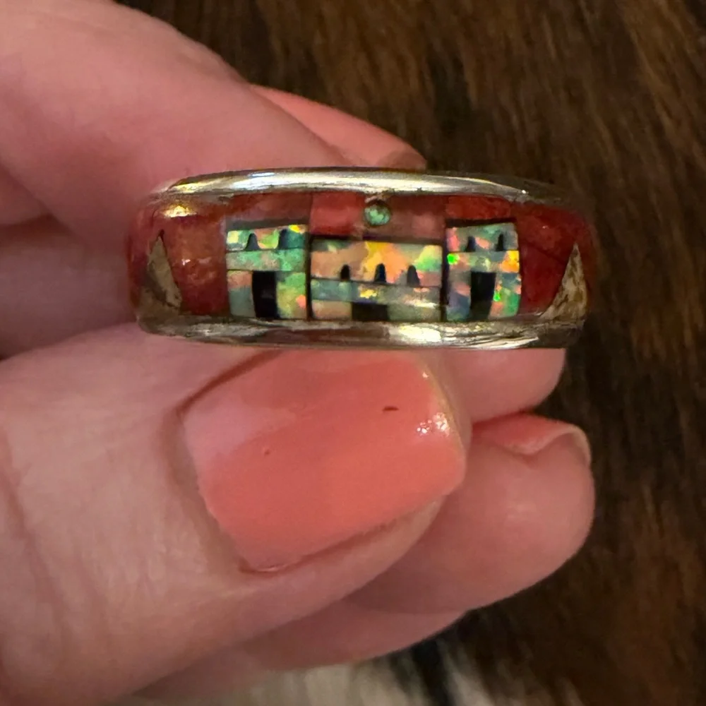 ❤️ Signed “AZ” Galaxy Micro Inlaid 925 Native Pueblo Scene Ring Size 9.75 Unisex